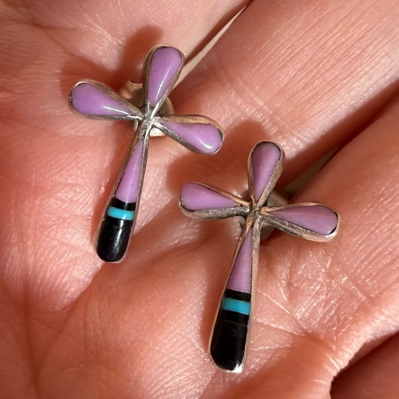 Vintage Native American Zuni Mosaic stone sterling silver cross earrings